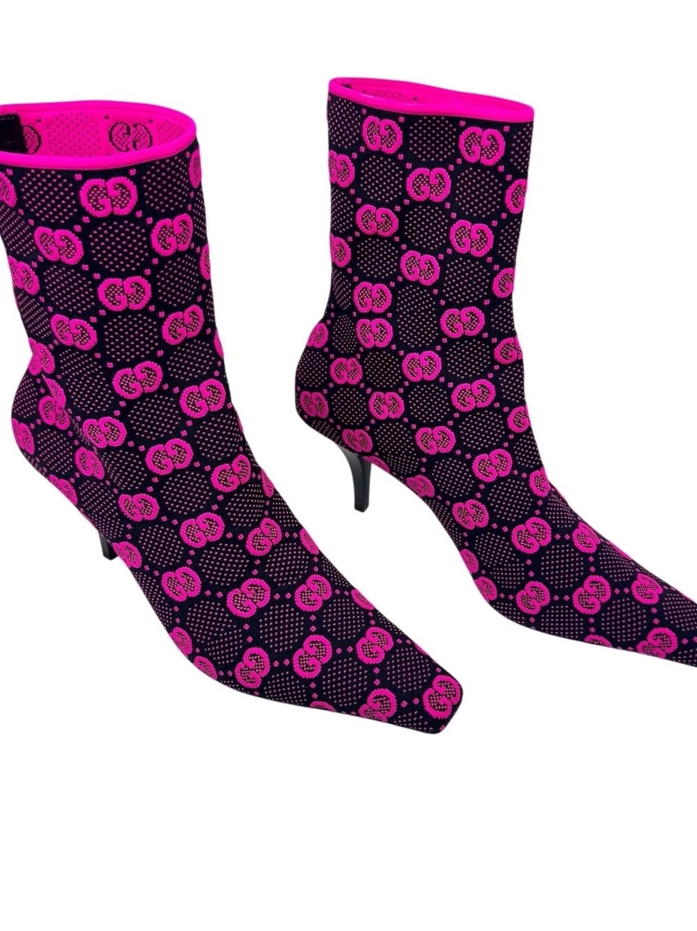 Gucci Black and Hot Pink Monogram Stretch Sock Boots